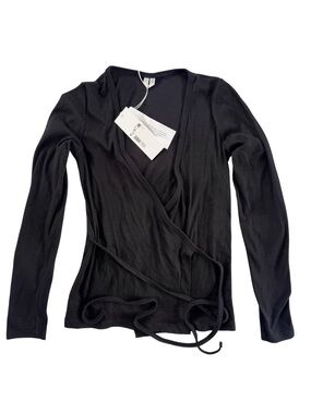 Arket Black Ribbed Wrap Shirt - Long Sleeve Tie Waist Minimalist Top